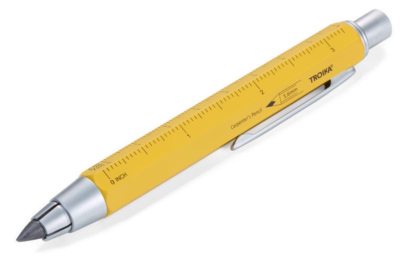 TROIKA ZIMMERMANN 5,6 â€“ PEN56/YE â€“ Carpenter's pencil â€“ clutch pencil (5.6 mm HB lead) â€“ centimetre/inch ruler â€“ 1:20 m/1:50 m scale â€“ brass â€“ laquered â€“ yellow â€“ TROIKA-original - Image 1